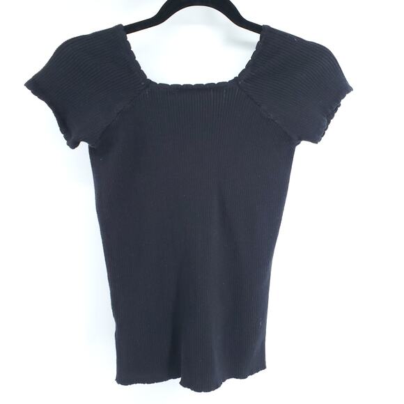 ModCloth Y2k Retro Ribbed Knit Black Scalloped Neck Cropped Stretchy Sweater L - Picture 6 of 8